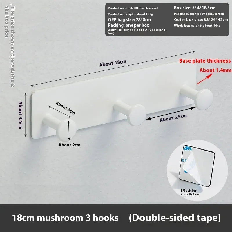 Adhesive wall hook with mushroom-shaped hooks in black or white, showing 5kg load capacity
