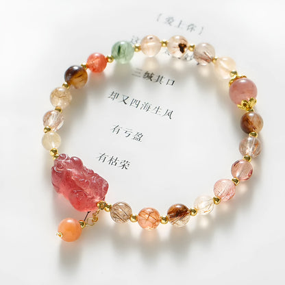 Women's strawberry quartz crystal bracelet with Pixiu charm and freshwater pearls on copper components