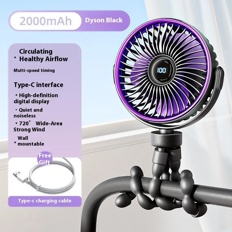 Portable clip-on stroller fan with brushless motor in beige, black, mint green, and glacier colour options