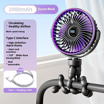 Portable clip-on stroller fan with brushless motor in beige, black, mint green, and glacier colour options