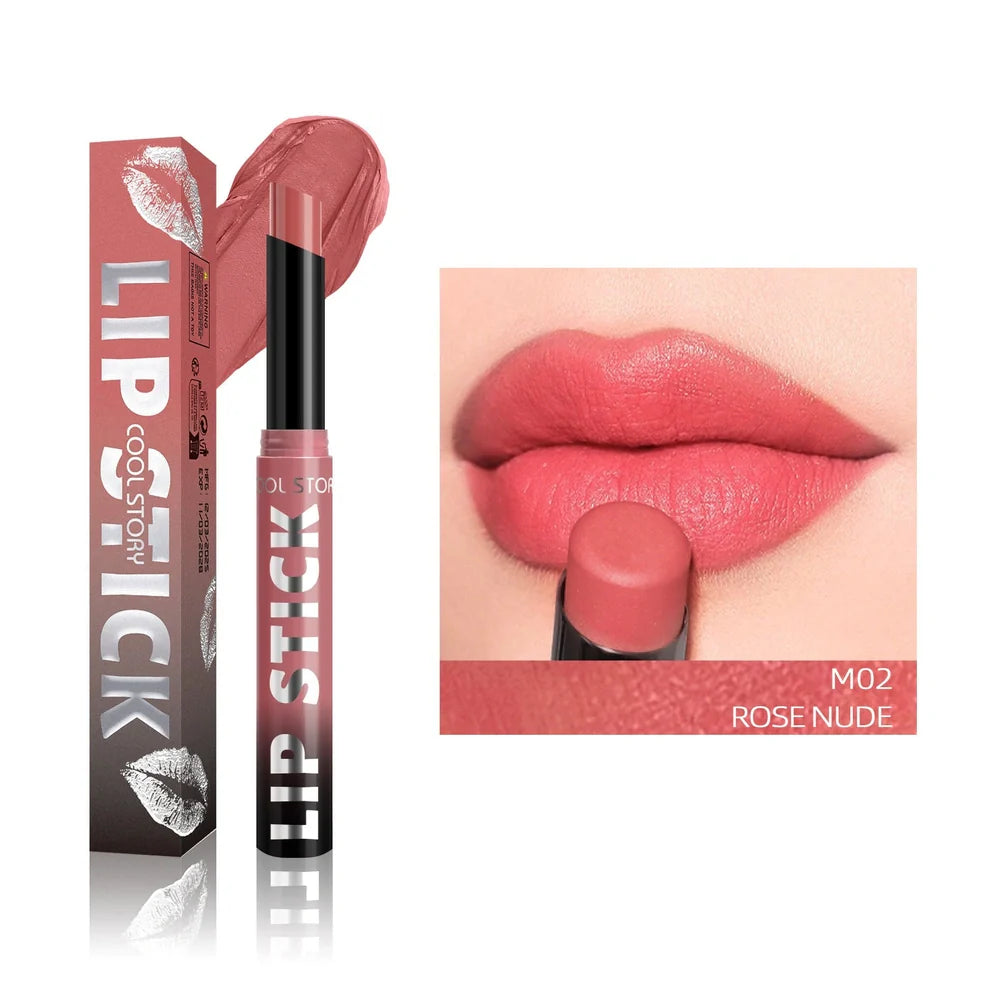 Dual-use lipstick and lip gloss stick showing eight shade options from nude to berry colours