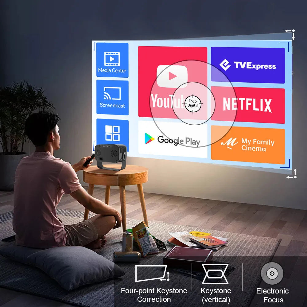 Black portable smart projector with Android system and remote control for HD presentations