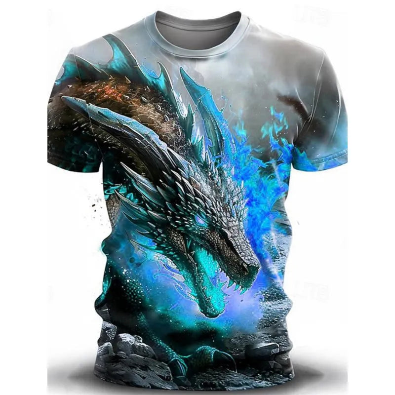 Men's black t-shirt with a detailed 3D blue and white wind dragon print across the chest.