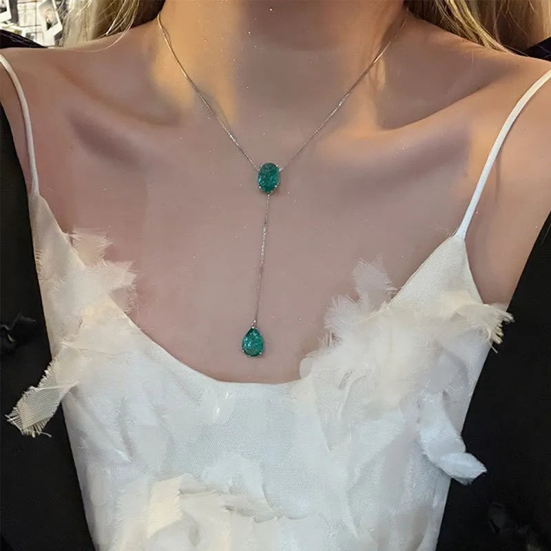 Rhinestone drop tassel necklace set with emerald alloy pendant and 51-80cm clavicle chain