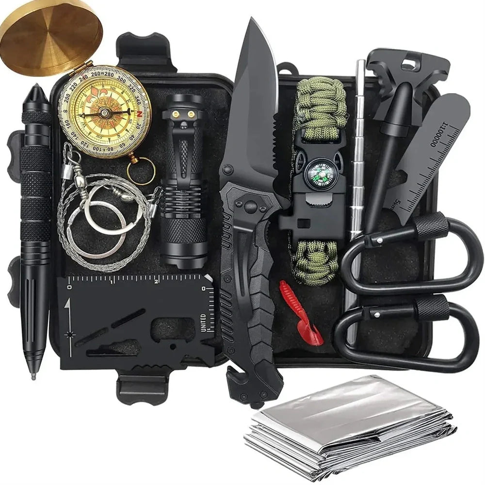 Outdoor survival kit with alloy tools and plastic components in multiple colour options