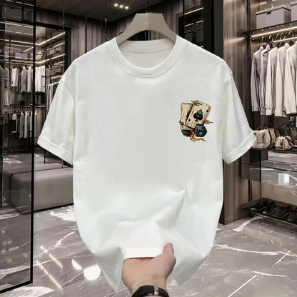Men's printed heavy cotton T-shirt in black or white with short sleeves