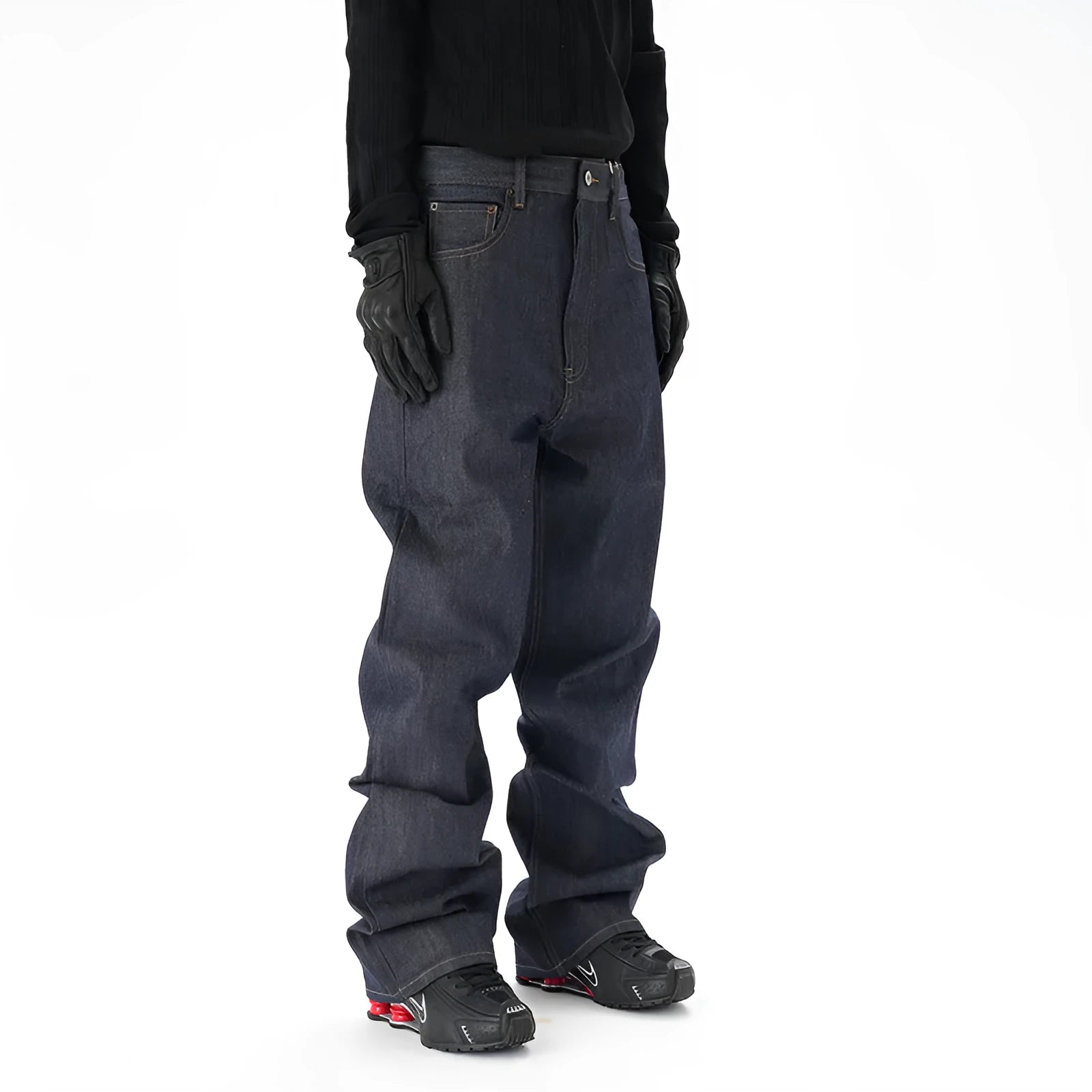 Men's dark blue loose straight-leg denim jeans laid flat, showing front view.
