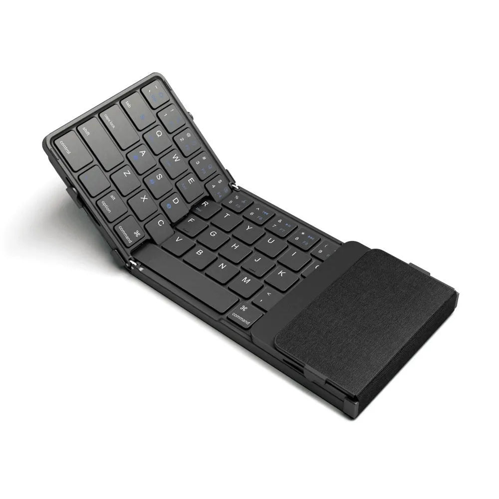Black portable folding Bluetooth keyboard for tablets and mobile phones, shown folded.
