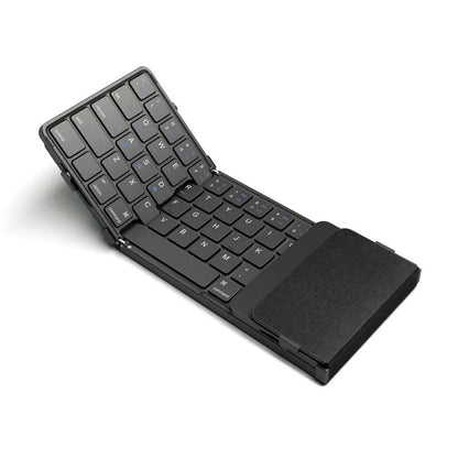 Black portable folding Bluetooth keyboard for tablets and mobile phones, shown folded.