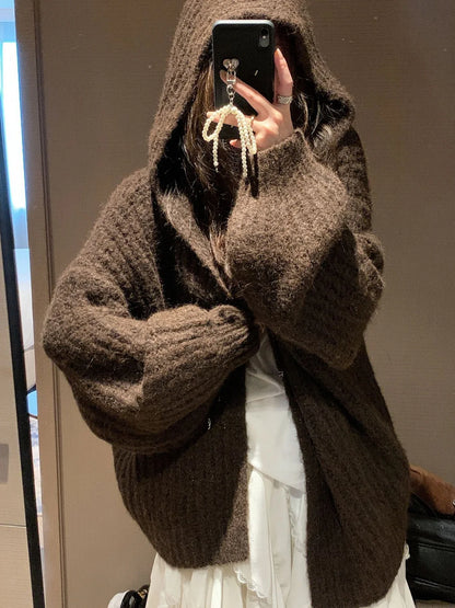 Women's grey hooded cardigan with thick acrylic fabric and regular sleeves