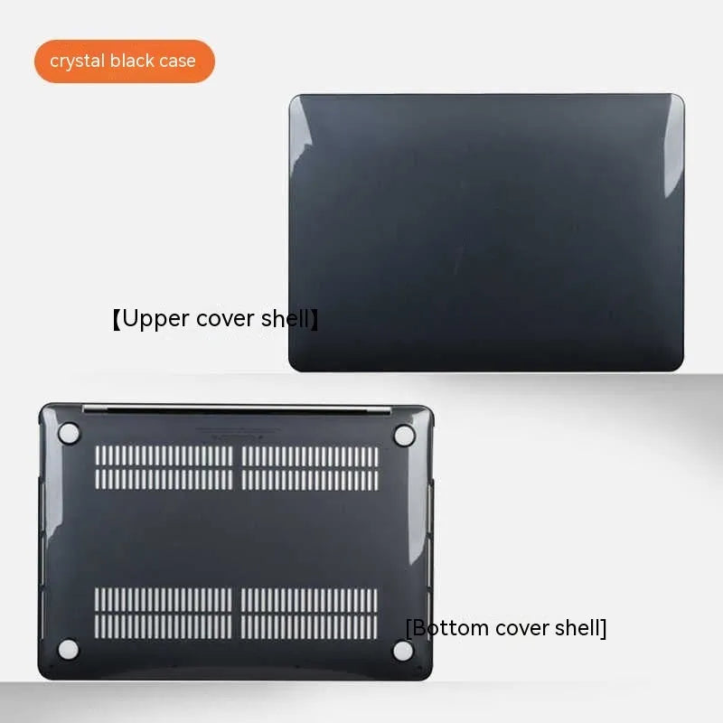MacBook protective case in crystal transparent and frosted black finishes on a laptop.