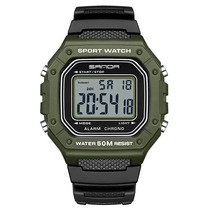 Waterproof electronic watch in multiple colour options including black, blue, green, white, and red combinations