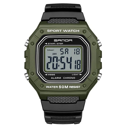 Waterproof electronic watch in multiple colour options including black, blue, green, white, and red combinations