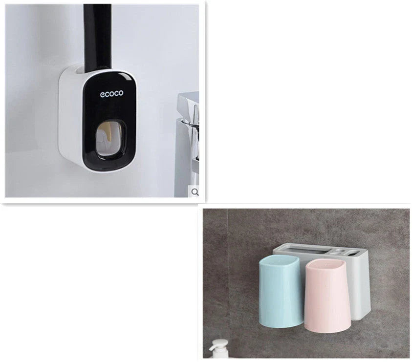 Wall-mounted automatic toothbrush holder with toothpaste dispenser and mouthwash cup for organized bathroom storage