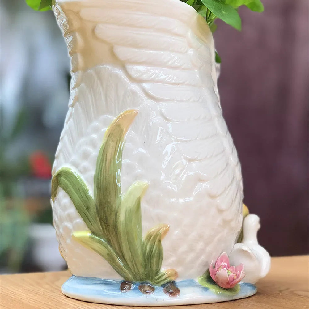 Ceramic swan vase with embossed pastoral style, 24.1cm by 15.2cm by 20cm, single vase in picture colour.