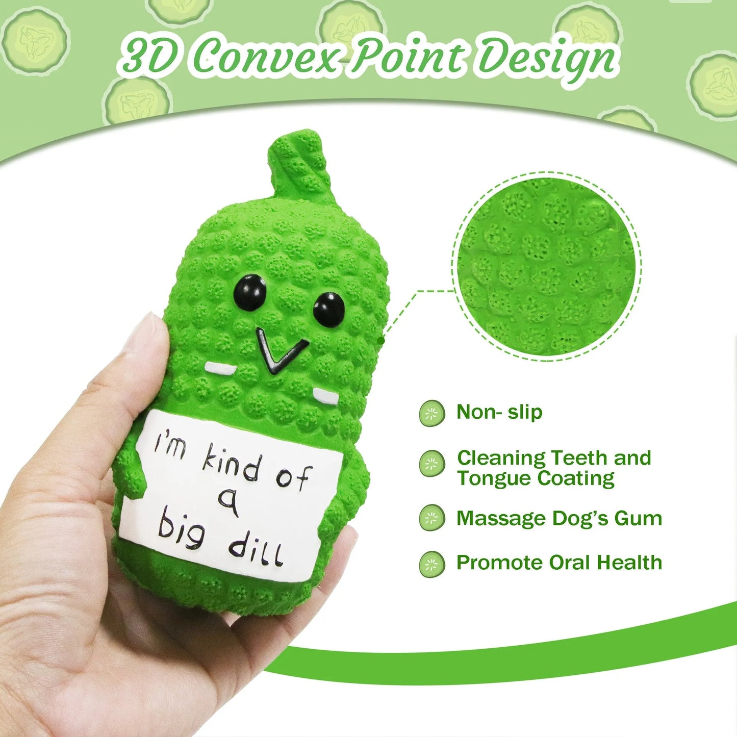 Green pickle-shaped latex squeaky dog toy with textured nubs for teeth cleaning.