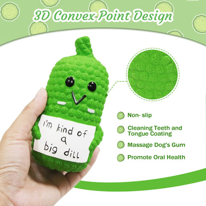 Green pickle-shaped latex squeaky dog toy with textured nubs for teeth cleaning.