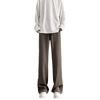 Men's straight leg casual trousers in black or brown, polyester blend, drawstring mid waist, sizes M-XXL