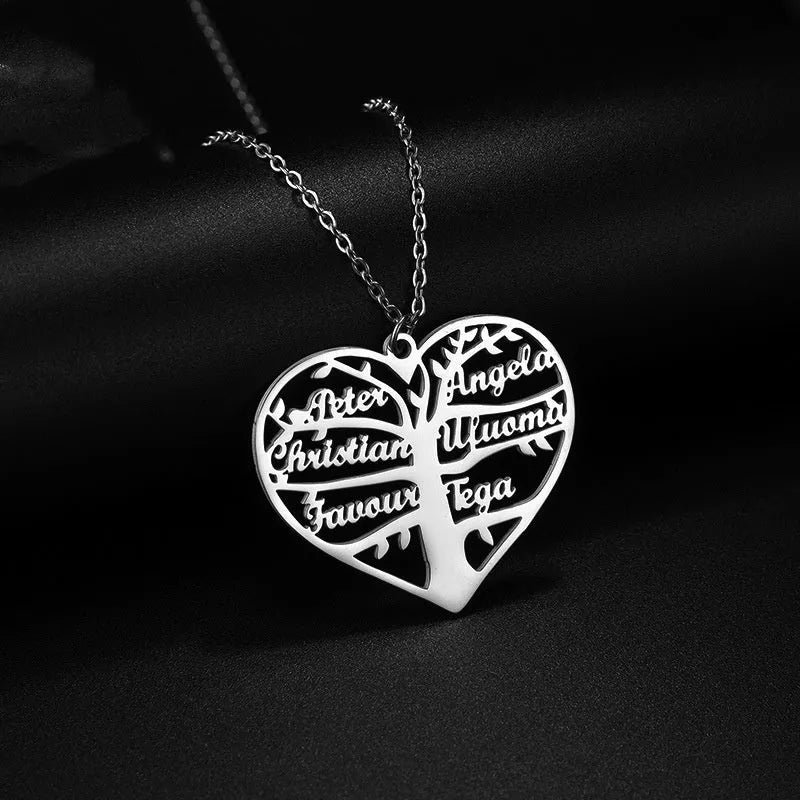 Personalised heart tree necklace with custom name engraving in titanium steel
