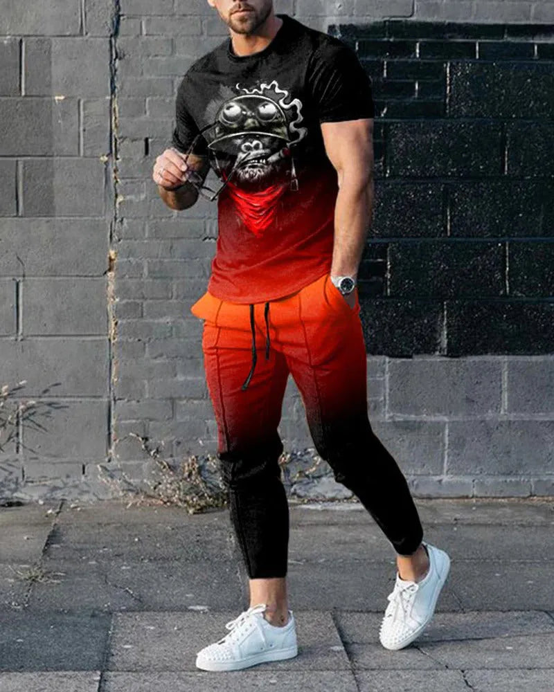Men's printed short-sleeved pullover and trousers set in polyester blend fabric