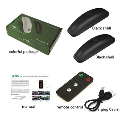 Black and white remote control car strobe light for safety in rain and fog, shown with its charging cable.