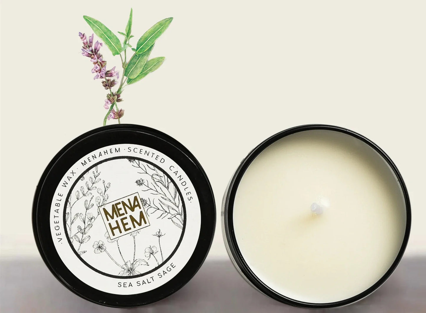 Black tin soybean wax candle measuring 6cm diameter with smokeless burning and botanical fragrance options