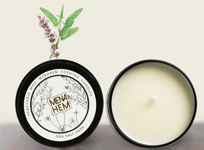 Black tin soybean wax candle measuring 6cm diameter with smokeless burning and botanical fragrance options
