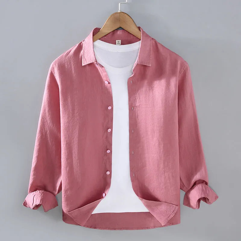 Men's pure linen long sleeve cardigan style shirt in solid colour