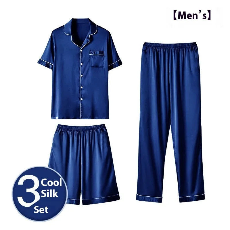 Men's ice silk three-piece home wear loungewear set showing shorts and trousers in a selected colour.