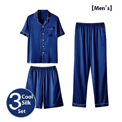 Men's ice silk three-piece home wear loungewear set showing shorts and trousers in a selected colour.
