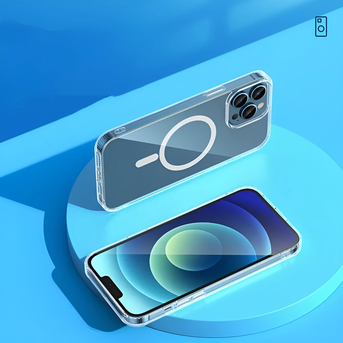 Transparent MagSafe magnetic airbag protective case for iPhone 13 models on a table.