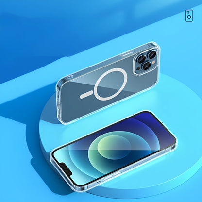 Transparent MagSafe magnetic airbag protective case for iPhone 13 models on a table.