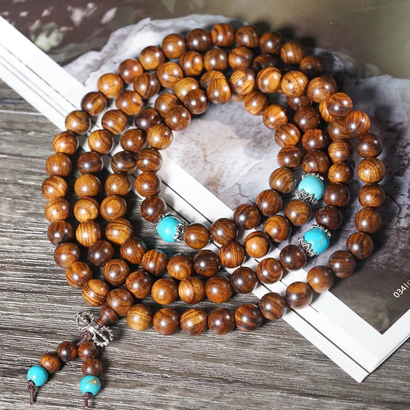 Handmade geometric stone bead bracelet with 108 Lvzhu hand-polished beads