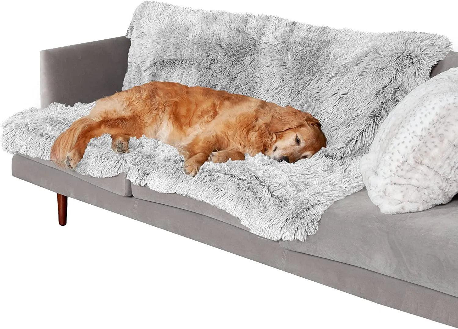 Plush waterproof dog cushion in dark grey, shown in a large size for pet comfort.