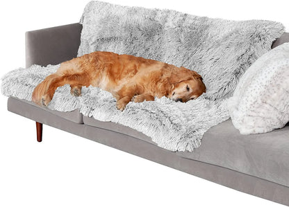 Plush waterproof dog cushion in dark grey, shown in a large size for pet comfort.