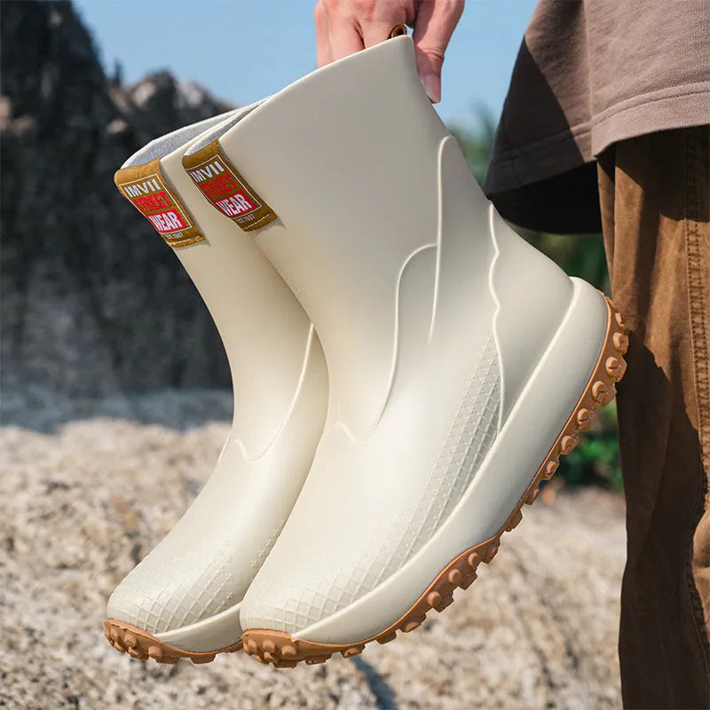 Men's PVC rain boots in beige, brown, black, and black red with plastic soles