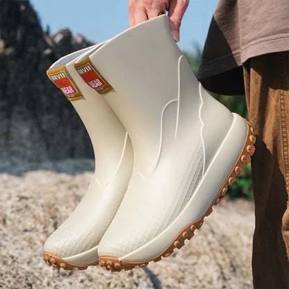 Men's PVC rain boots in beige, brown, black, and black red with plastic soles