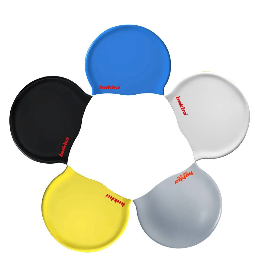 Silicone swimming cap with earmuffs in multiple colours showing letter pattern.