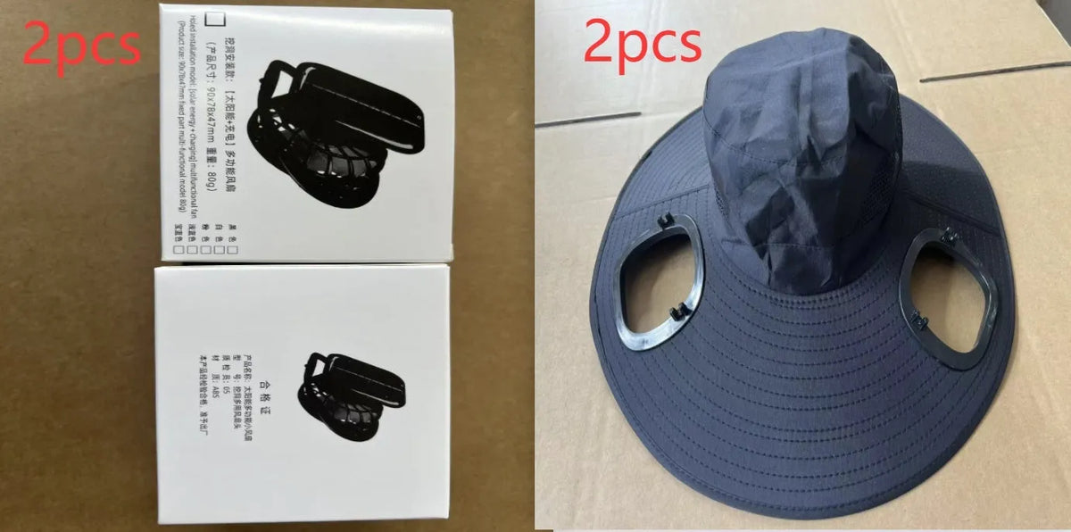 Men's grey solar fan cap with large peak and integrated cooling fans on the front.