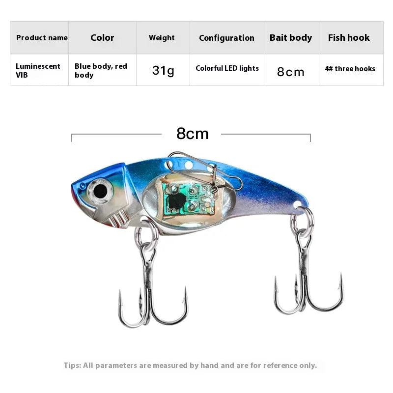 Blue and red Metal Vib electronic fishing lure with luminous metal finish