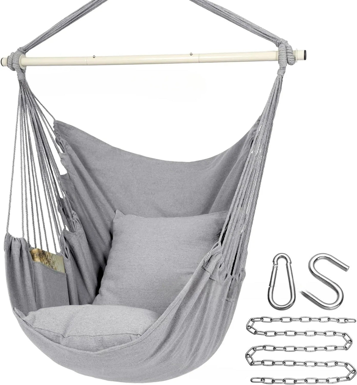 Folding outdoor tassel hammock in beige with canvas seat, cushion, and three-section iron pipe