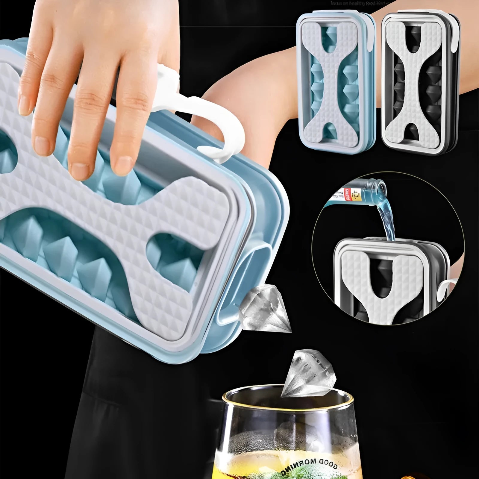 Light grey silicone ice ball mould and water bottle with lid on a kitchen counter.