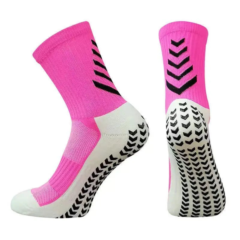 Men's mid-calf athletic football socks with geometric patterns and silicone grip sole