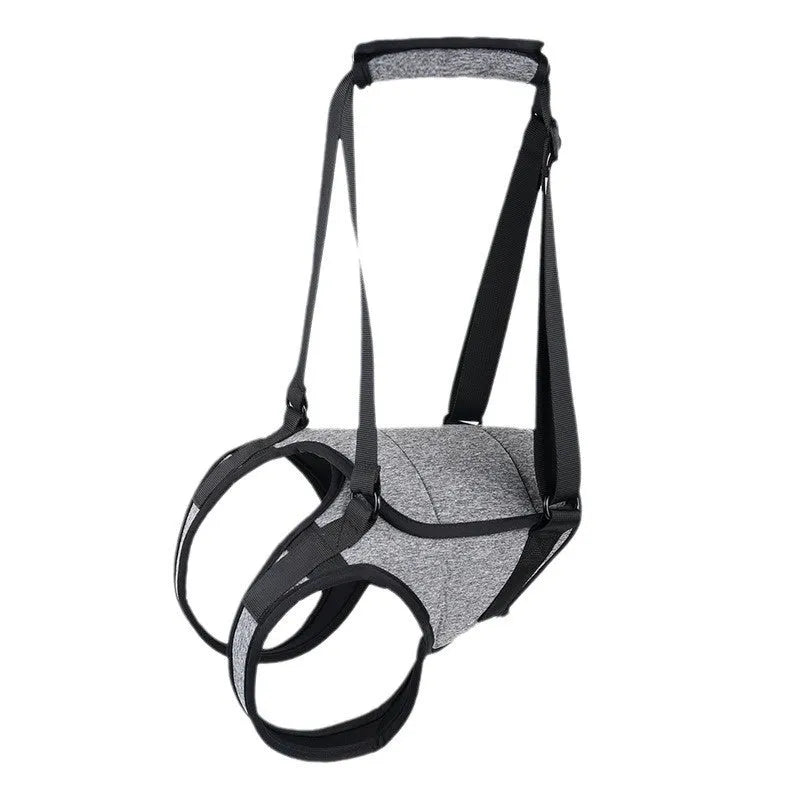 Grey neoprene recovery support belt for a dog's rear legs, showing adjustable waist and thigh straps.