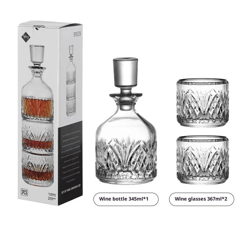 Stackable engraved glass wine glass set with two wine glasses and one sake barrel in simple style