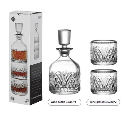 Stackable engraved glass wine glass set with two wine glasses and one sake barrel in simple style