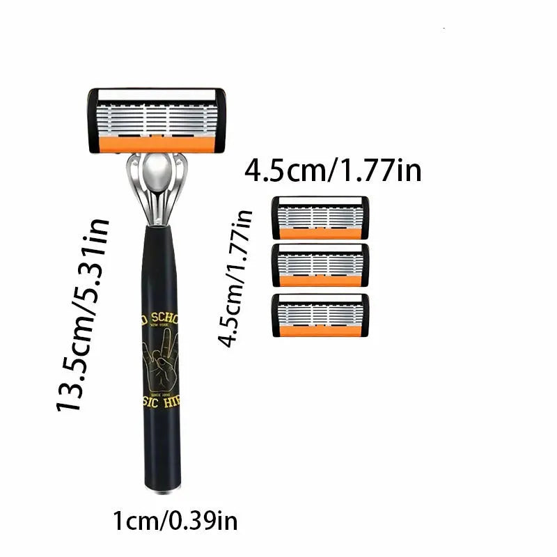 Black manual shaver finger handle with six-layer blade design showing multiple blade configurations