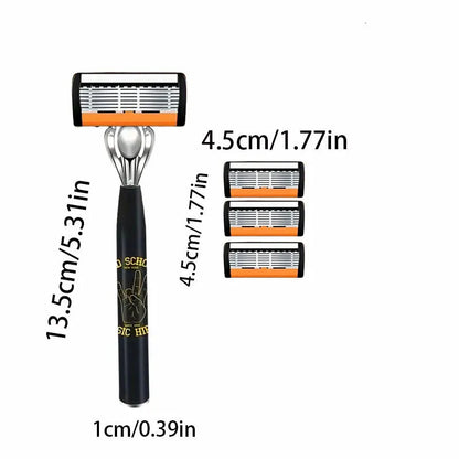 Black manual shaver finger handle with six-layer blade design showing multiple blade configurations