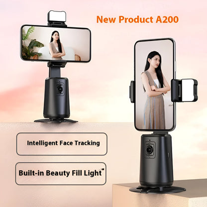 Black desktop smartphone bracket with face tracking camera rotation and LED lighting remote control
