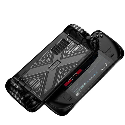 Red silicone soft shell protective case for a Steam Deck game console.